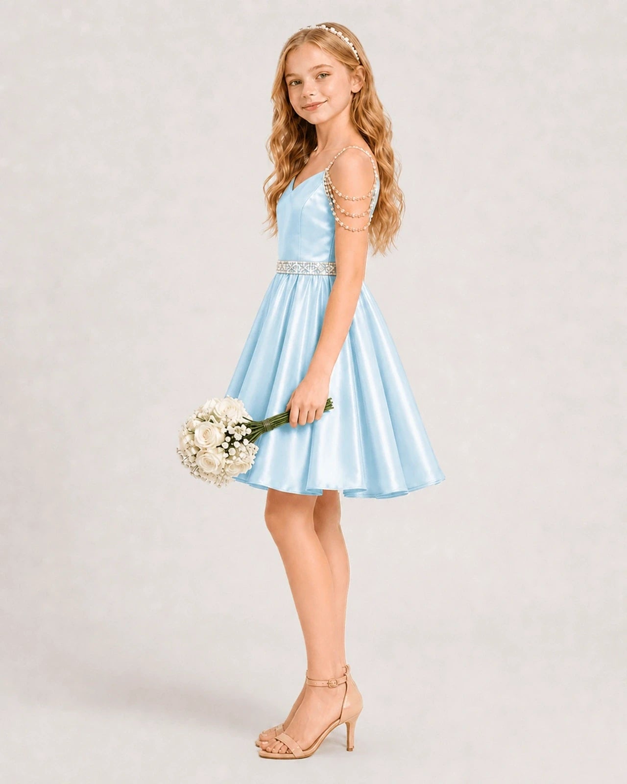 Baby Blue Satin A-line Girls Formal Dress Side View