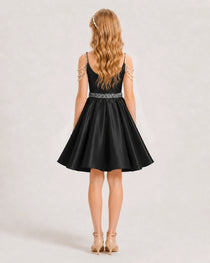 Dideyttawl Girls Formal Dress with Rhinestone Shoulder Drape and Beaded Waistband