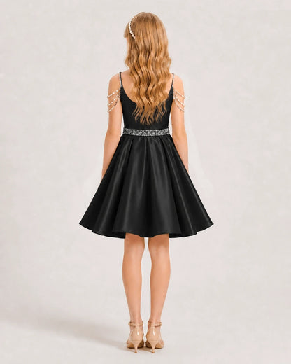 Black Satin A-line Girls Formal Dress Back View