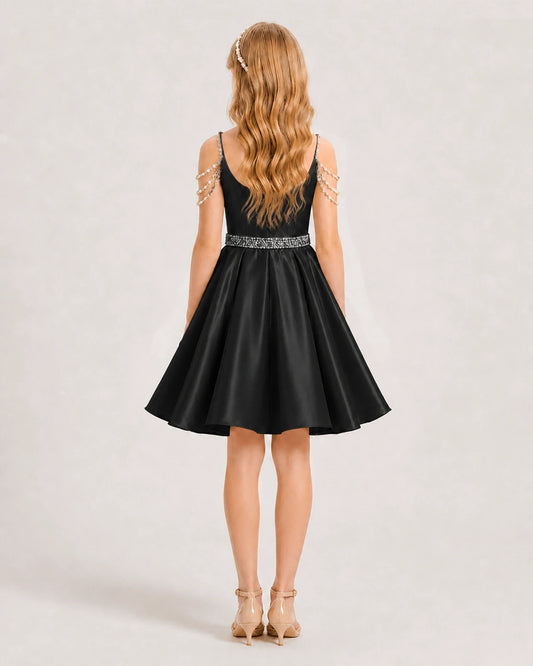 Black Satin A-line Girls Formal Dress Back View