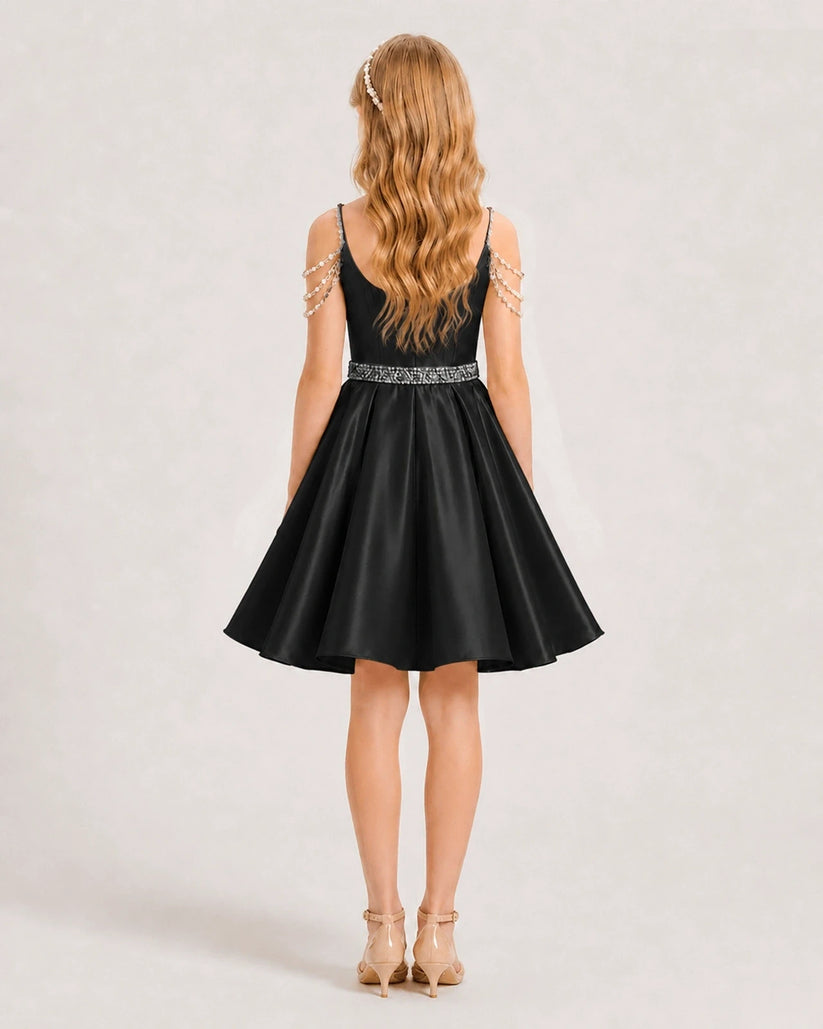 Black Satin A-line Girls Formal Dress Back View
