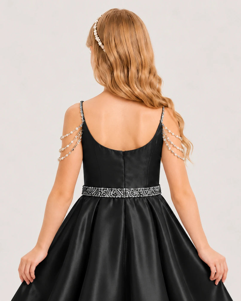 Black Satin A-line Girls Formal Dress Front View