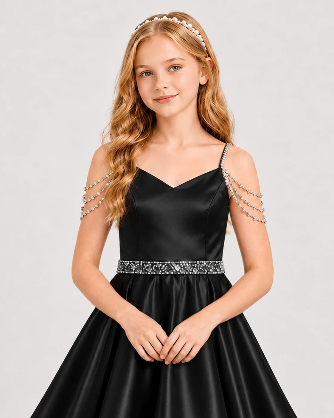 Black Satin A-line Girls Formal Dress Front View