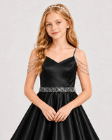 Black Satin A-line Girls Formal Dress Front View