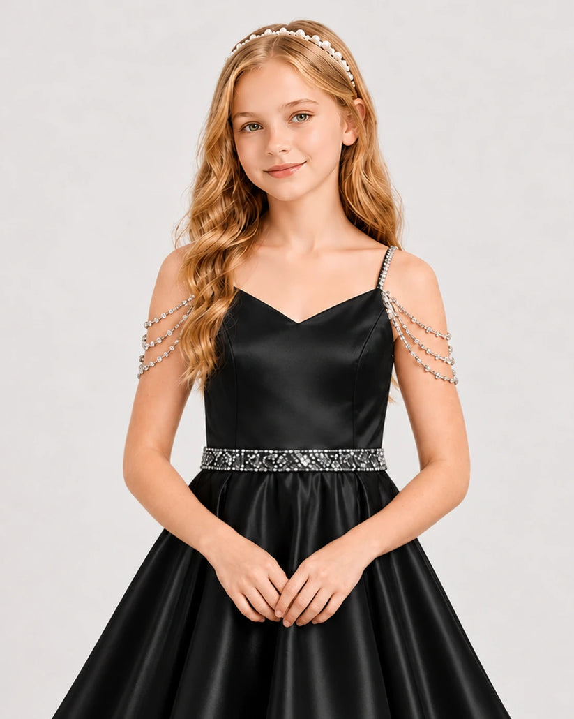 Black Satin A-line Girls Formal Dress Front View