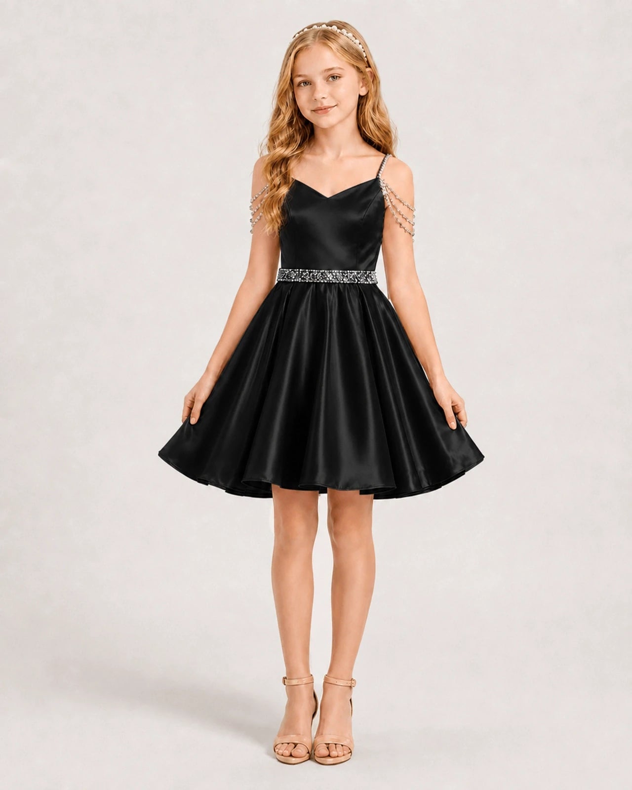 Black Satin A-line Girls Formal Dress Front View
