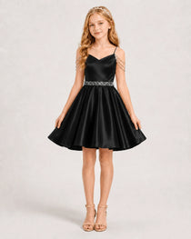 Dideyttawl Girls Formal Dress with Rhinestone Shoulder Drape and Beaded Waistband