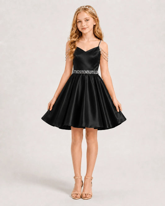 Black Satin A-line Girls Formal Dress Front View