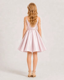 Dideyttawl Girls Formal Dress with Rhinestone Shoulder Drape and Beaded Waistband