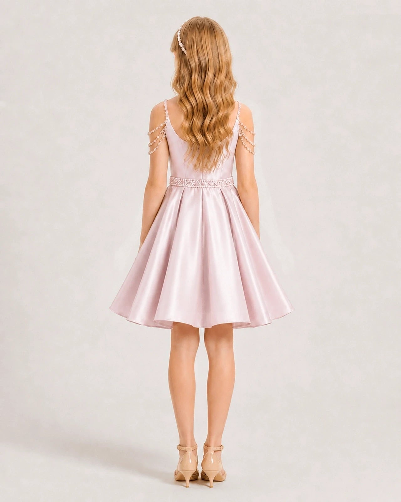 Dideyttawl Girls Formal Dress with Rhinestone Shoulder Drape and Beaded Waistband
