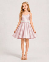 Blush Pink Satin A-line Girls Formal Dress Front View