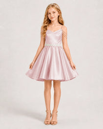 Dideyttawl Girls Formal Dress with Rhinestone Shoulder Drape and Beaded Waistband