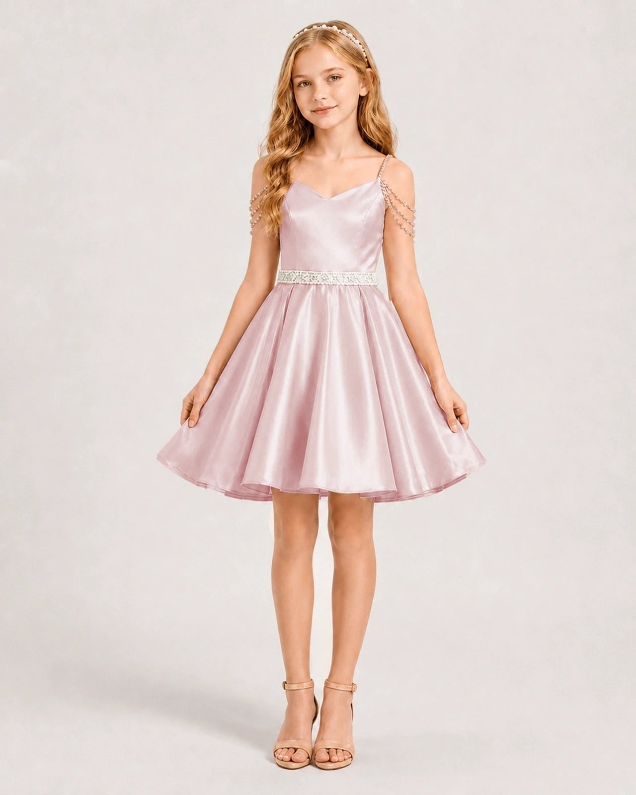 Dideyttawl Girls Formal Dress with Rhinestone Shoulder Drape and Beaded Waistband