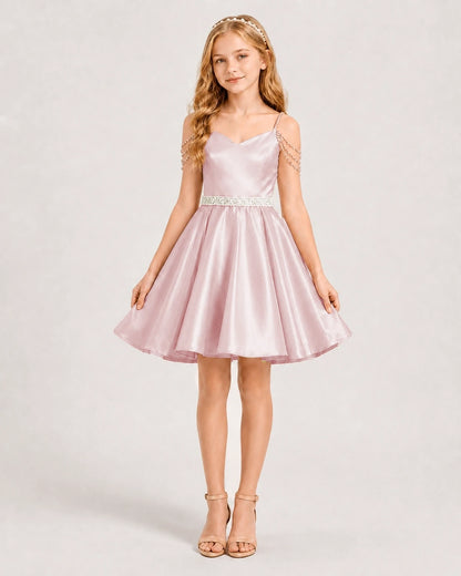 Blush Pink Satin A-line Girls Formal Dress Front View