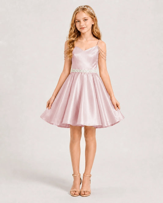 Blush Pink Satin A-line Girls Formal Dress Front View