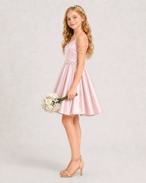 Dideyttawl Girls Formal Dress with Rhinestone Shoulder Drape and Beaded Waistband