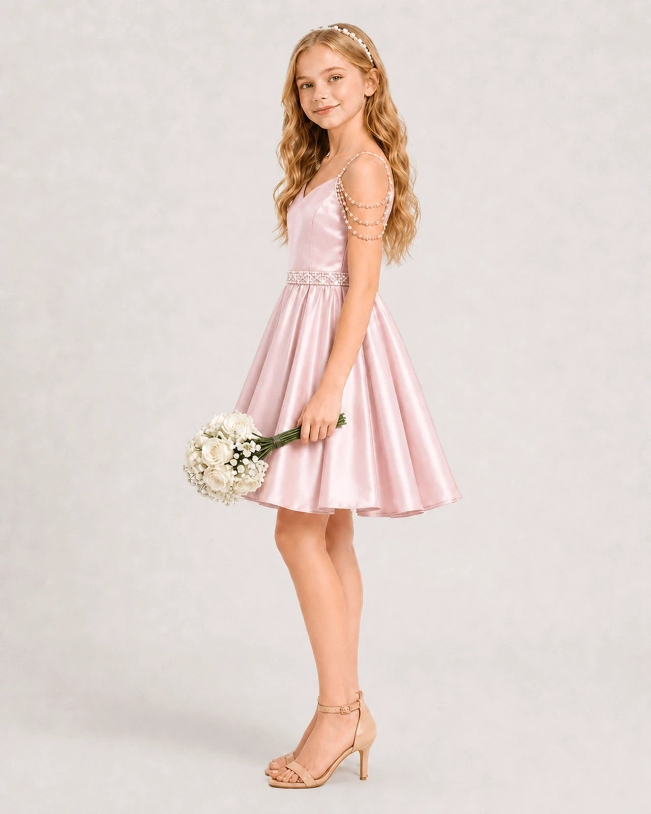 Dideyttawl Girls Formal Dress with Rhinestone Shoulder Drape and Beaded Waistband