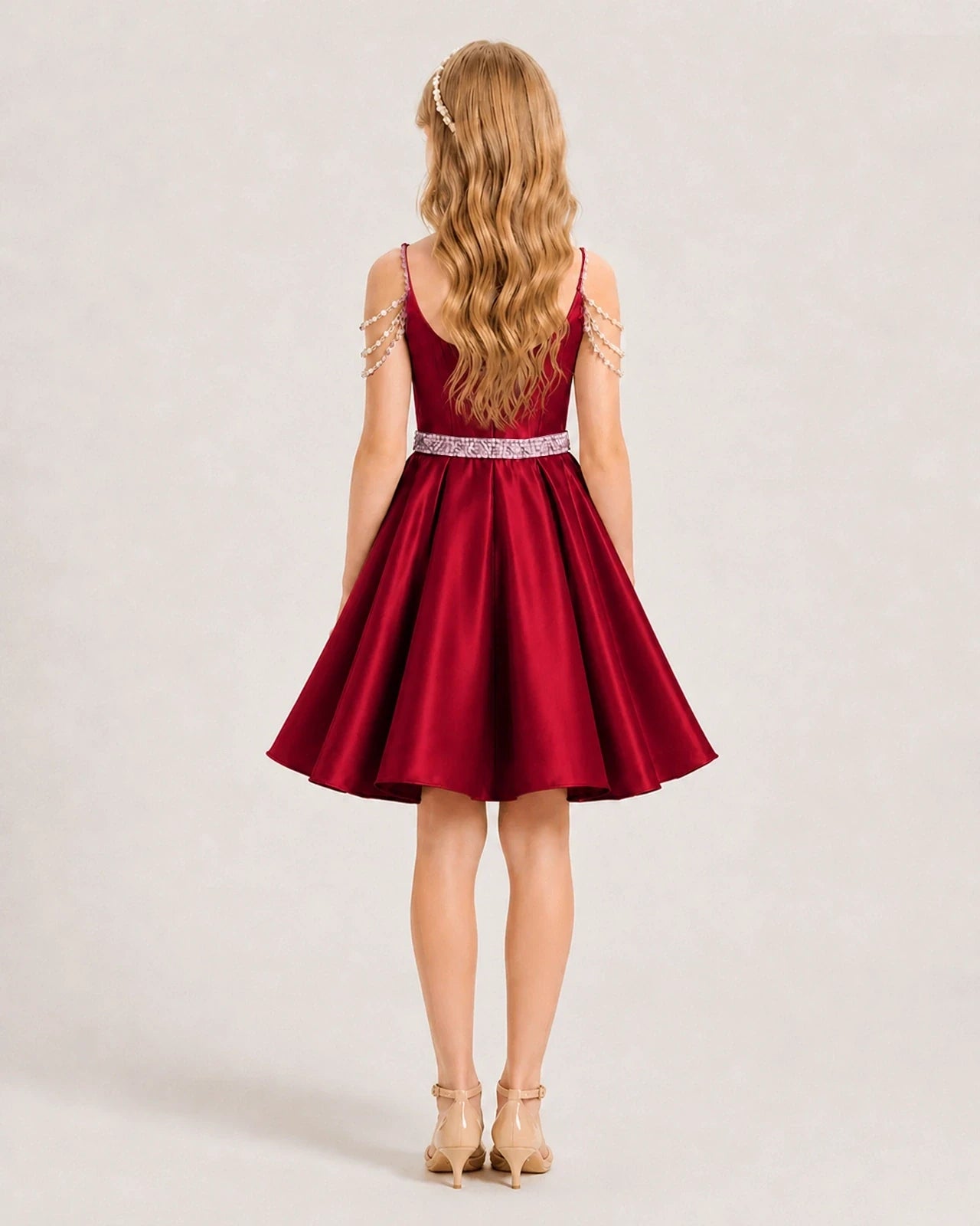 Dideyttawl Girls Formal Dress with Rhinestone Shoulder Drape and Beaded Waistband