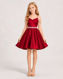 Dideyttawl Girls Formal Dress with Rhinestone Shoulder Drape and Beaded Waistband