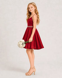 Dideyttawl Girls Formal Dress with Rhinestone Shoulder Drape and Beaded Waistband