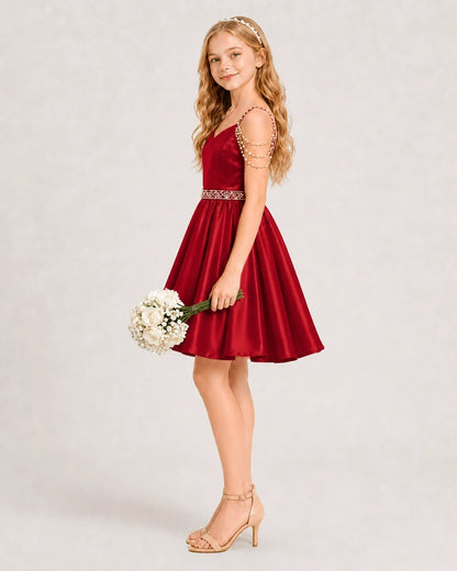 Burgundy Satin A-line Girls Formal Dress Side View