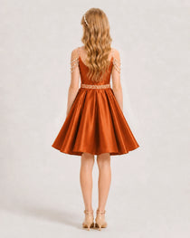 Dideyttawl Girls Formal Dress with Rhinestone Shoulder Drape and Beaded Waistband