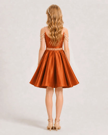 Burnt Orange Satin A-line Girls Formal Dress Back View