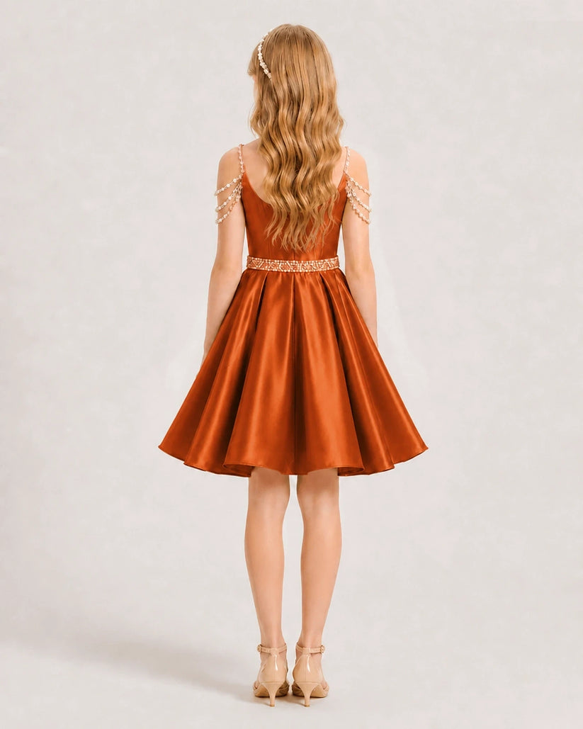 Burnt Orange Satin A-line Girls Formal Dress Back View