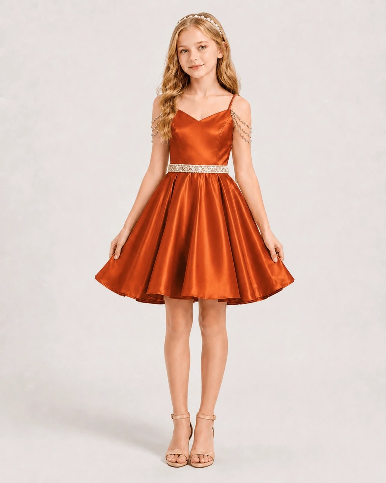Burnt Orange Satin A-line Girls Formal Dress Front View