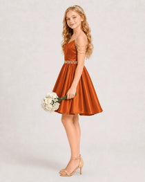 Dideyttawl Girls Formal Dress with Rhinestone Shoulder Drape and Beaded Waistband