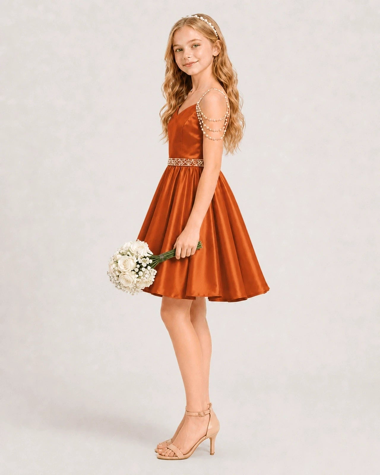 Dideyttawl Girls Formal Dress with Rhinestone Shoulder Drape and Beaded Waistband