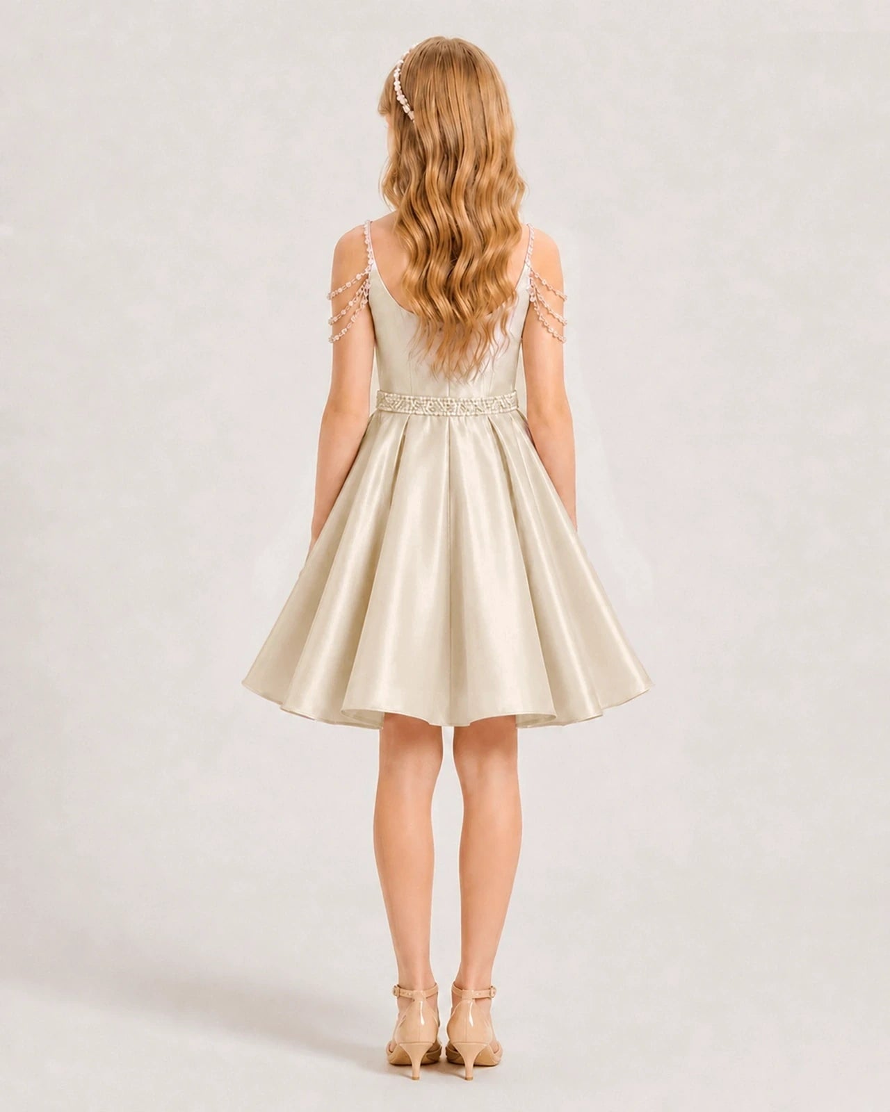 Champagne Satin A-line Girls Formal Dress Back View