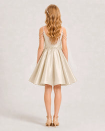 Dideyttawl Girls Formal Dress with Rhinestone Shoulder Drape and Beaded Waistband