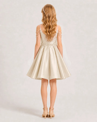 Champagne Satin A-line Girls Formal Dress Back View