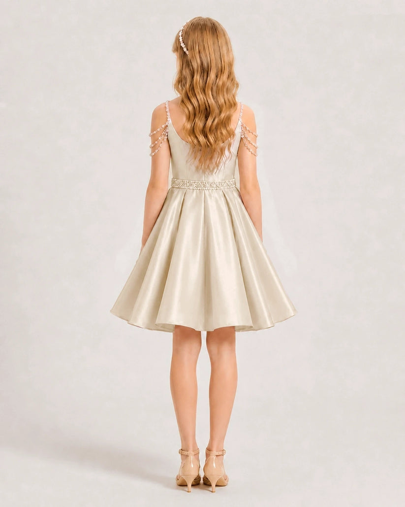 Champagne Satin A-line Girls Formal Dress Back View