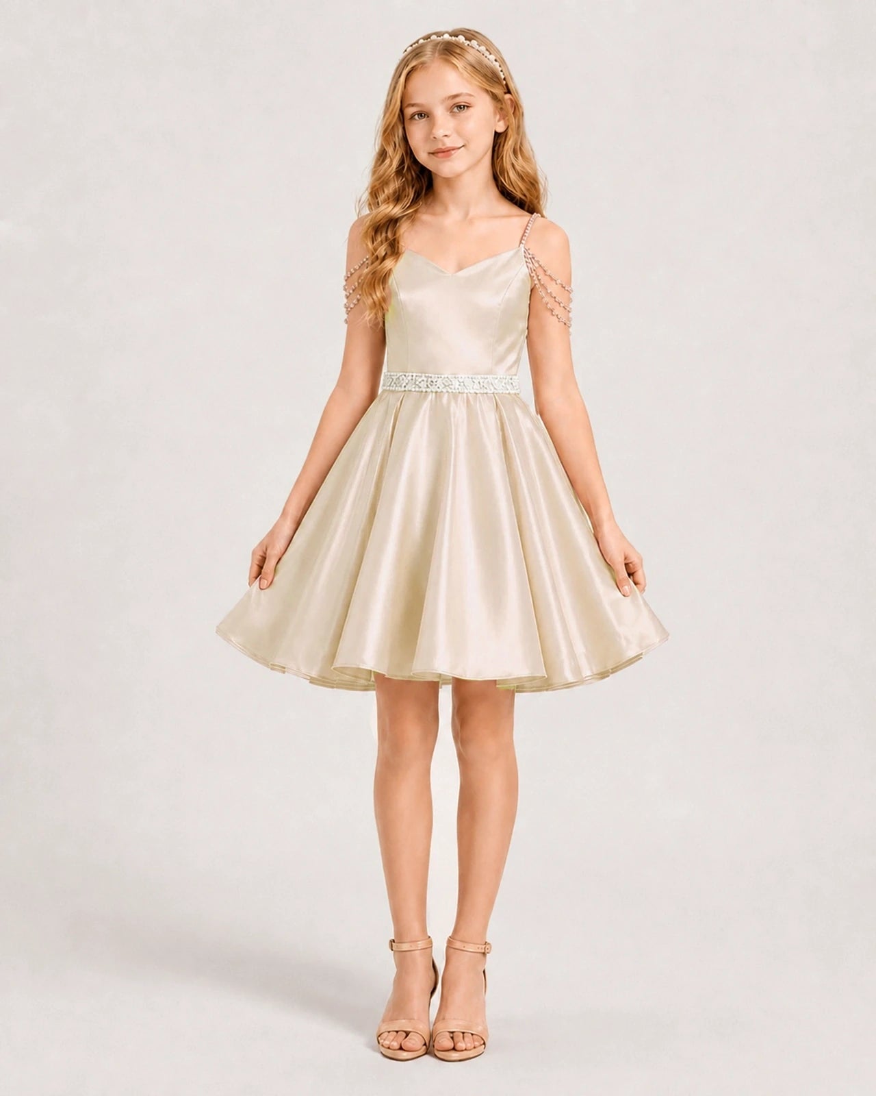 Champagne Satin A-line Girls Formal Dress Front View
