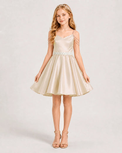 Champagne Satin A-line Girls Formal Dress Front View
