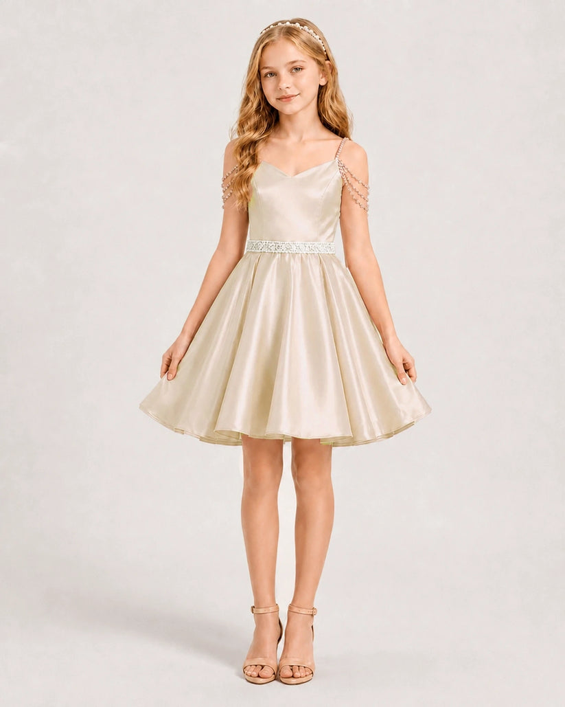 Champagne Satin A-line Girls Formal Dress Front View