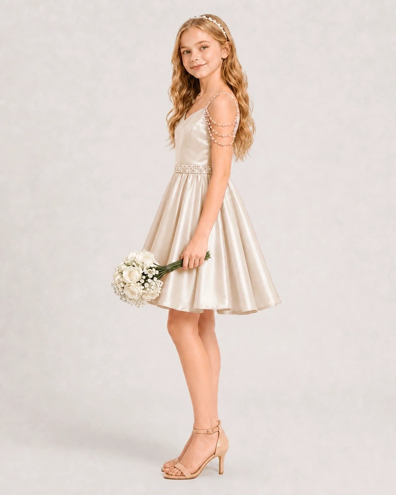 Champagne Satin A-line Girls Formal Dress Side View