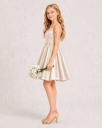 Dideyttawl Girls Formal Dress with Rhinestone Shoulder Drape and Beaded Waistband