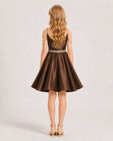 Chocolate Satin A-line Girls Formal Dress Back View