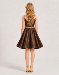 Dideyttawl Girls Formal Dress with Rhinestone Shoulder Drape and Beaded Waistband