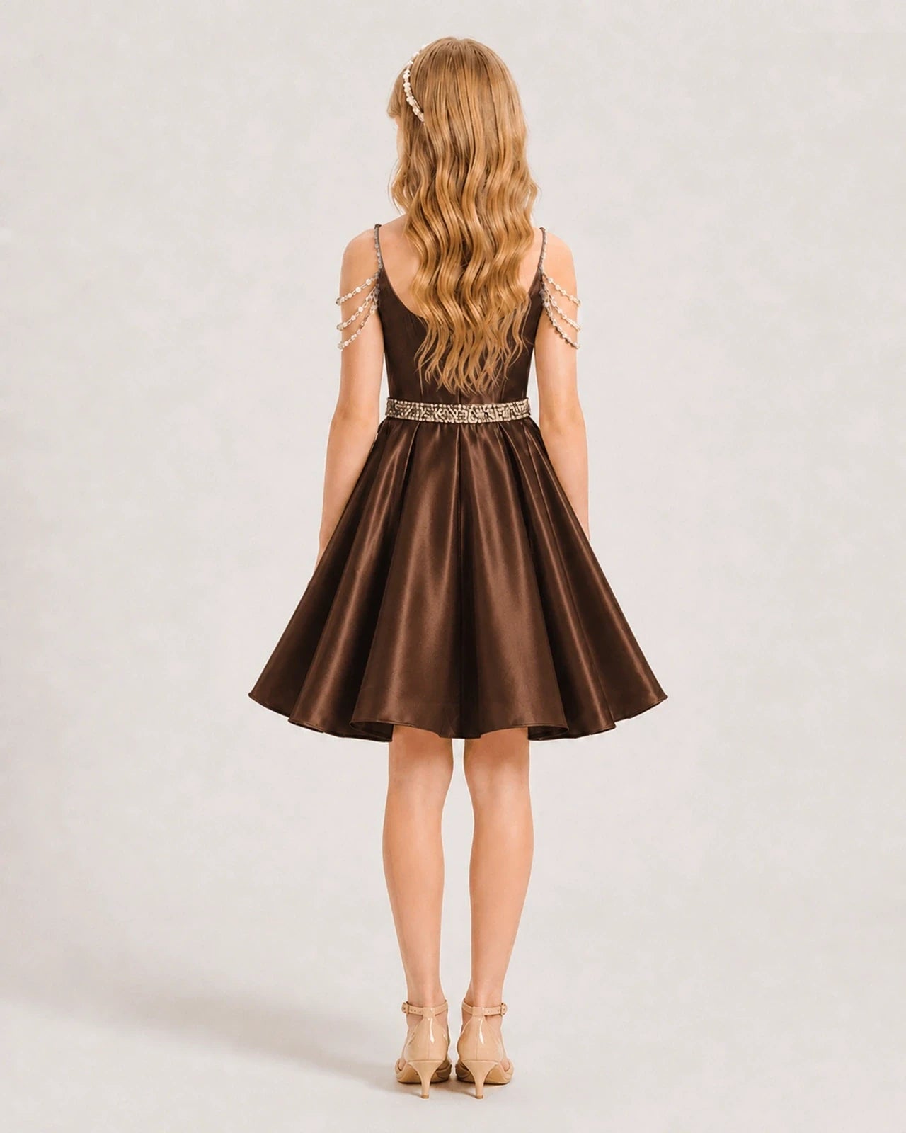 Dideyttawl Girls Formal Dress with Rhinestone Shoulder Drape and Beaded Waistband