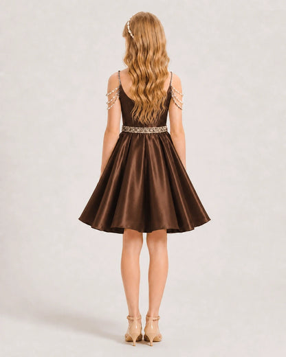 Chocolate Satin A-line Girls Formal Dress Back View
