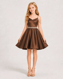 Dideyttawl Girls Formal Dress with Rhinestone Shoulder Drape and Beaded Waistband