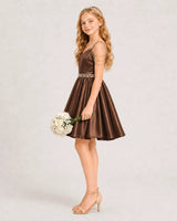 Chocolate Satin A-line Girls Formal Dress Side View