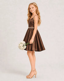 Dideyttawl Girls Formal Dress with Rhinestone Shoulder Drape and Beaded Waistband
