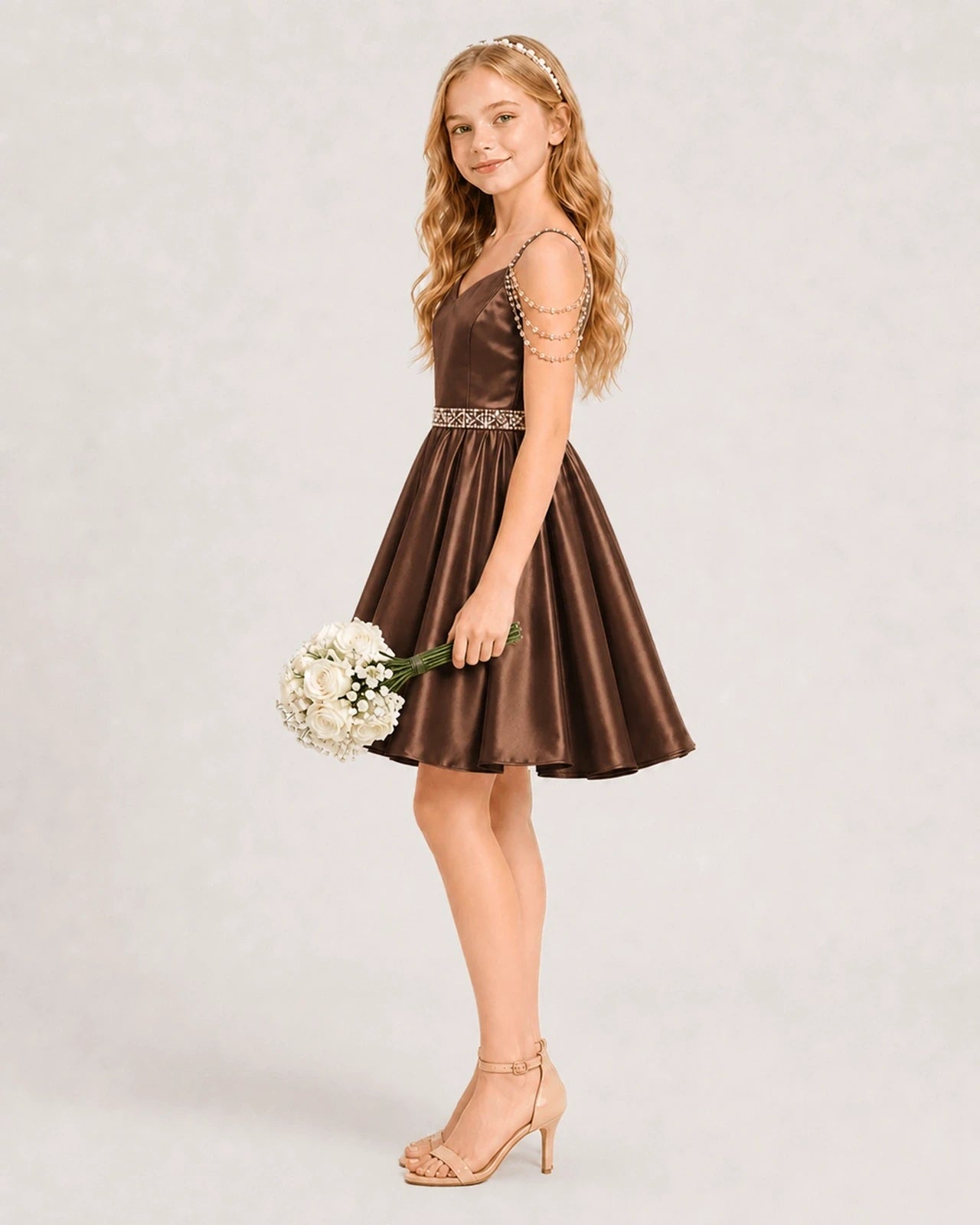 Dideyttawl Girls Formal Dress with Rhinestone Shoulder Drape and Beaded Waistband