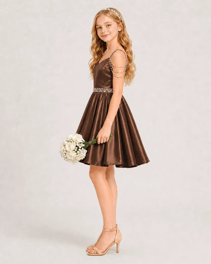 Chocolate Satin A-line Girls Formal Dress Side View