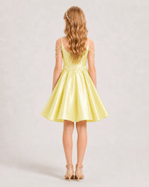 Dideyttawl Girls Formal Dress with Rhinestone Shoulder Drape and Beaded Waistband